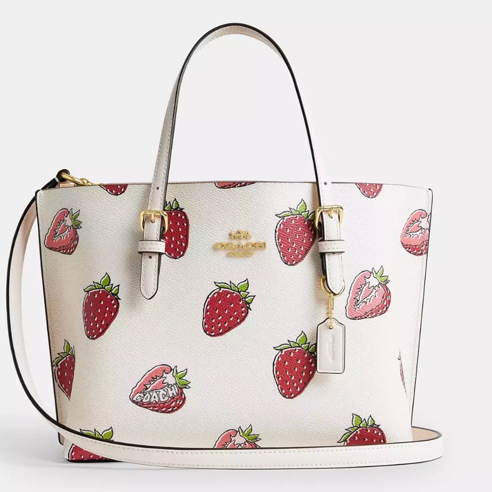NWT Coach Mollie Tote Bag 25 Strawberry Print Pink Red CAL66 Shoulder